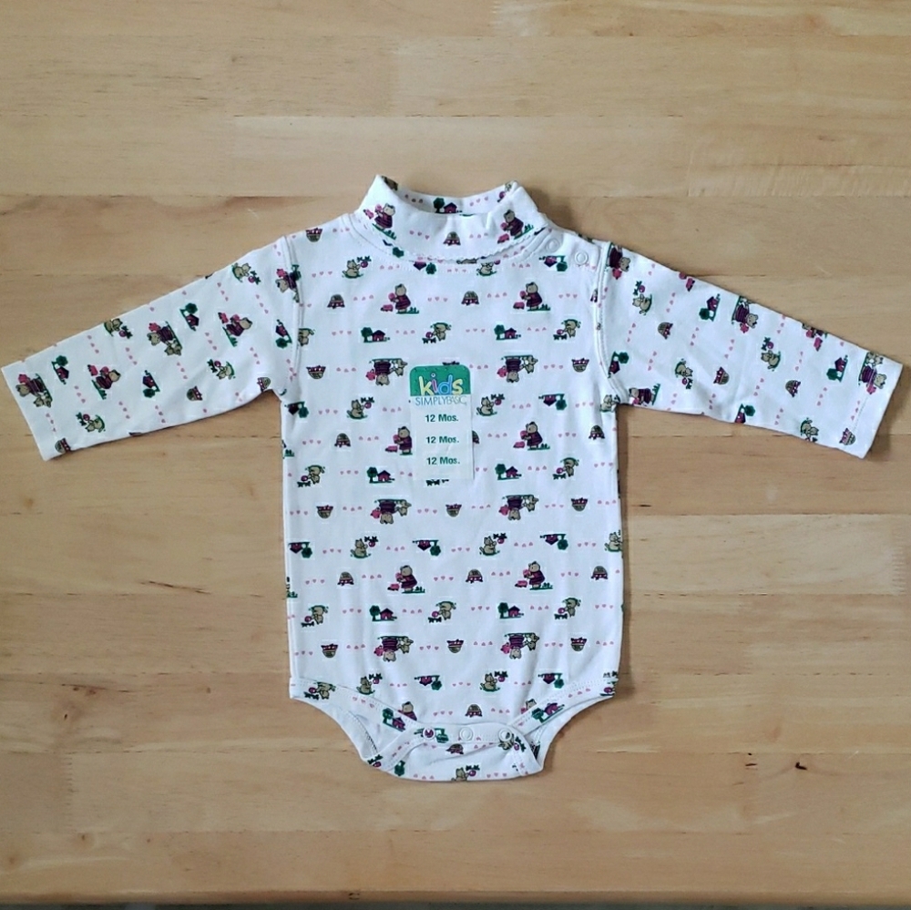White Collared Long Sleeve Teddy Bear Print Bodysuit/Onesie With Snaps